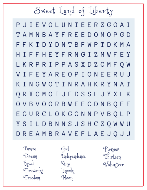 Sweet Land of Liberty - Word Search - April 21