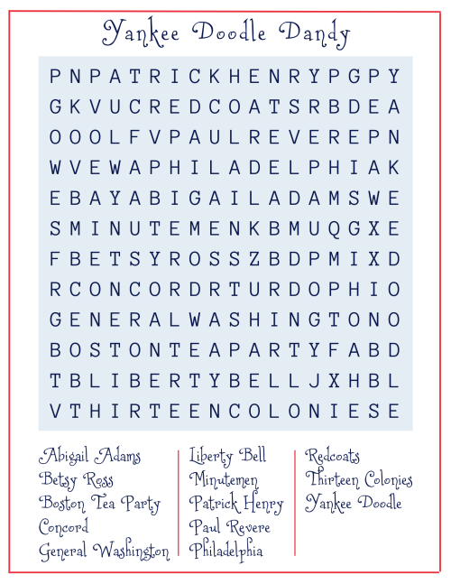Yankee Doodle Dandy - Word Search - April 21